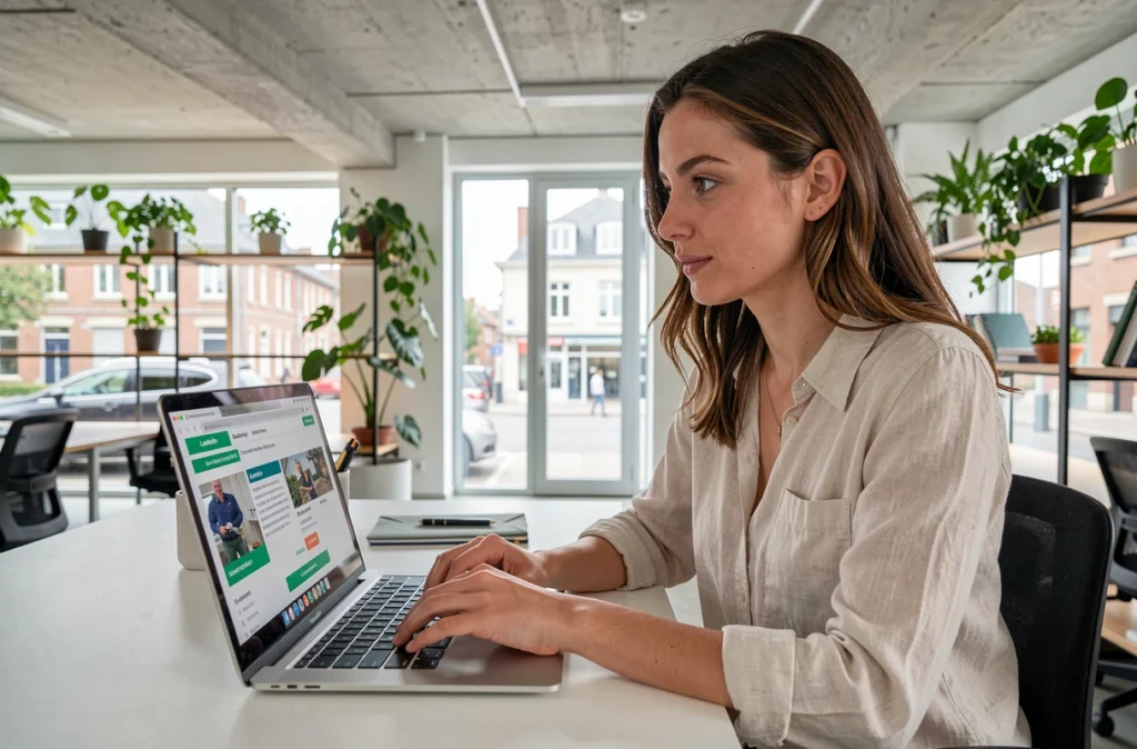 Utilisatrice de la plateforme Compao sur son ordinateur dans un espace de co-working à Lamballe-Armor pour mettre en relation plombiers et particuliers