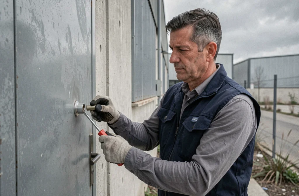 Serrurier Compao à Pia remplaçant un cylindre sur une porte métallique dans une zone industrielle