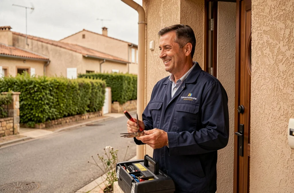 Serrurier Compao en intervention à Saint-Estève devant une maison résidentielle avec sa boîte à outils
