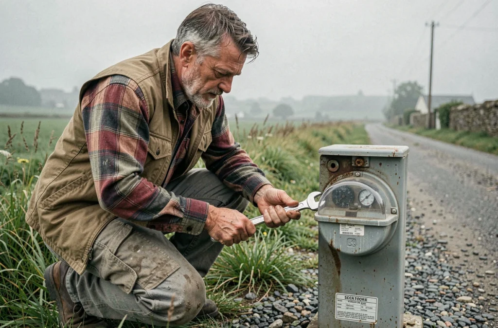 Artisan plombier Dafniet Patrice intervenant sur un compteur d'eau extérieur en zone rurale des Côtes-d'Armor