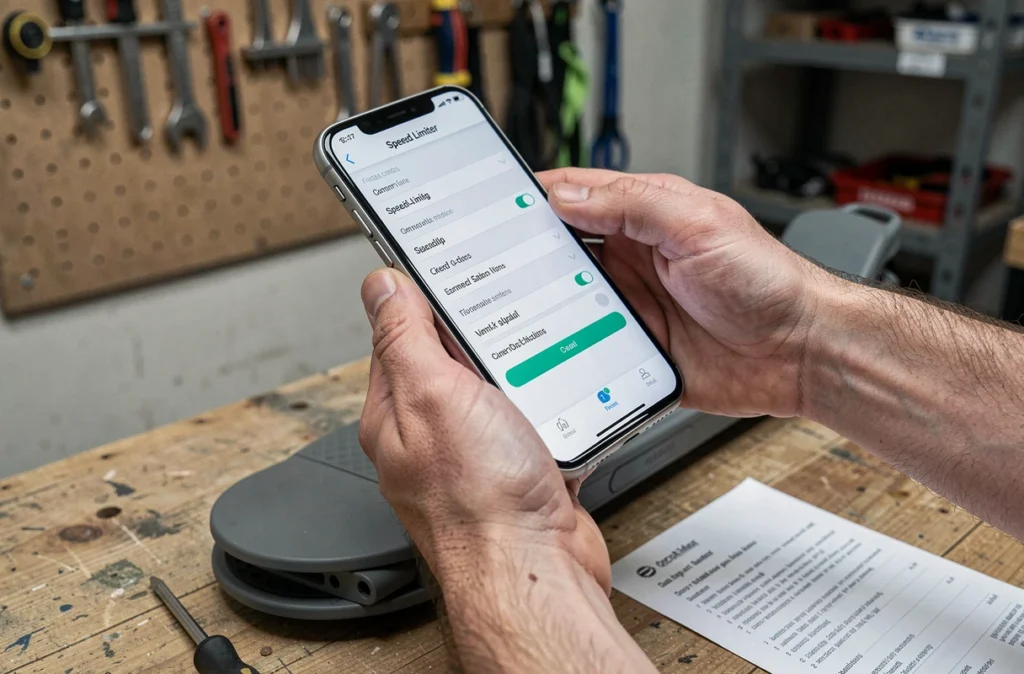 Mains tenant un smartphone avec réglages de débridage au-dessus d'une trottinette électrique posée sur un établi