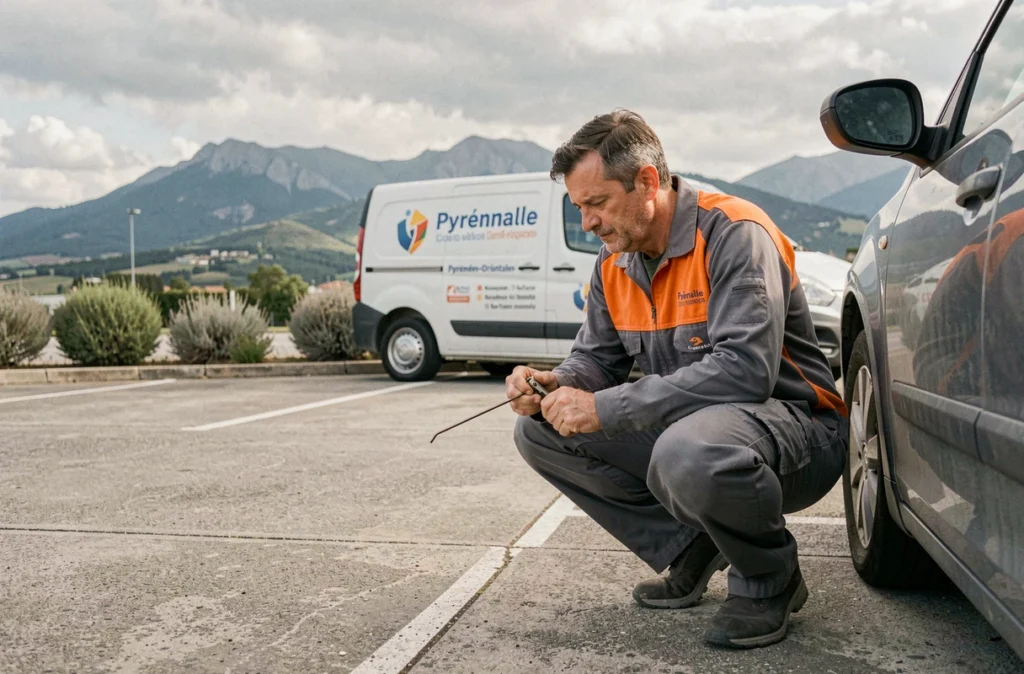Technicien Depanneo intervenant sur une serrure de voiture dans un parking avec vue sur les Pyrénées