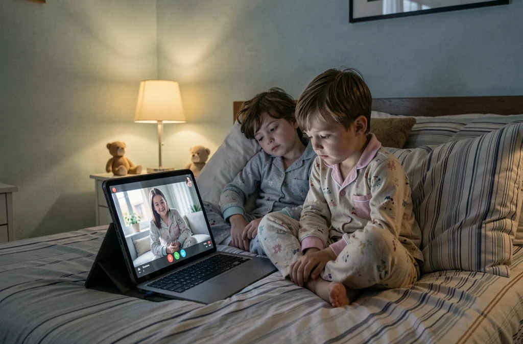 Enfants en pyjama dans un appartement en métropole faisant un appel vidéo avec un proche en Guadeloupe avant de dormir