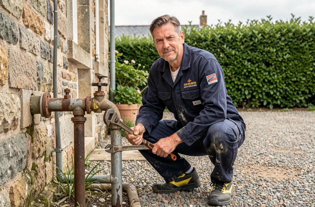 Artisan plombier Etienne Services intervenant sur une canalisation extérieure près d'une ferme bretonne dans le secteur de Saint-Nicodème et Fréhel