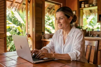 Femme en Guadeloupe en appel vidéo avec ses enfants en métropole depuis sa cuisine tropicale