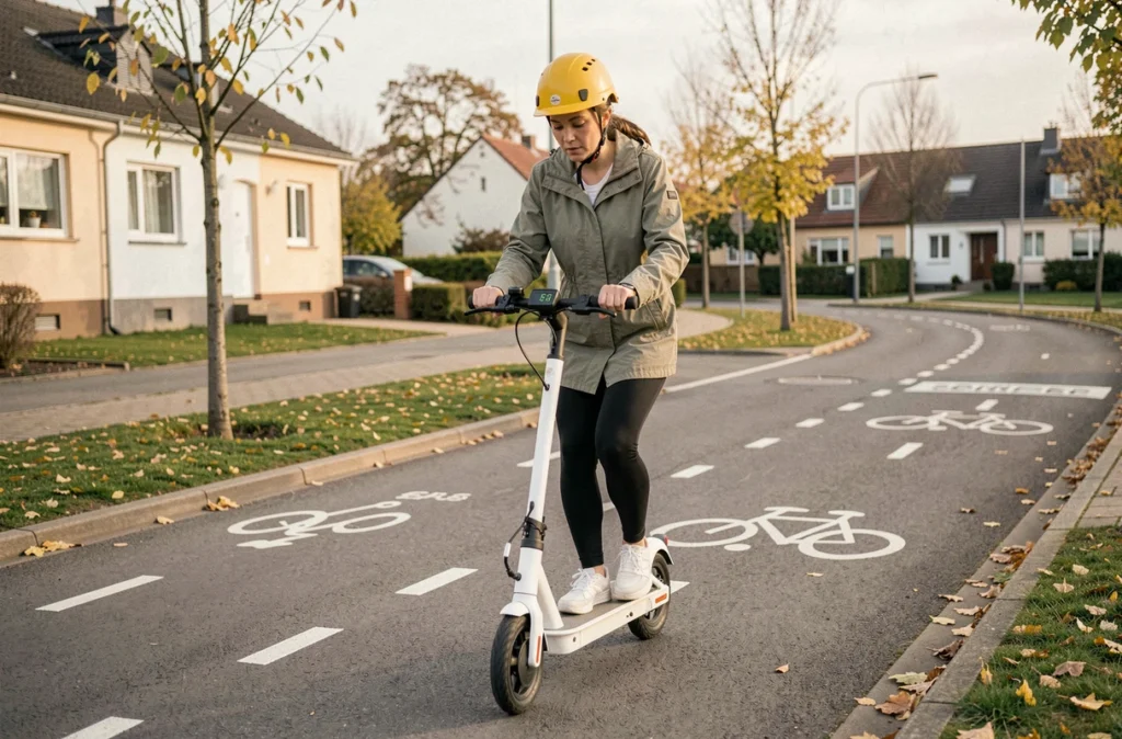 Femme casquée conduisant une trottinette électrique blanche sur une piste cyclable suburbaine