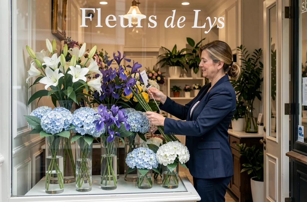 Vitrine élégante de Fleurs de Lys ornée de lys blancs, d'iris et d'hortensias bleus, avec une fleuriste arrangeant le décor