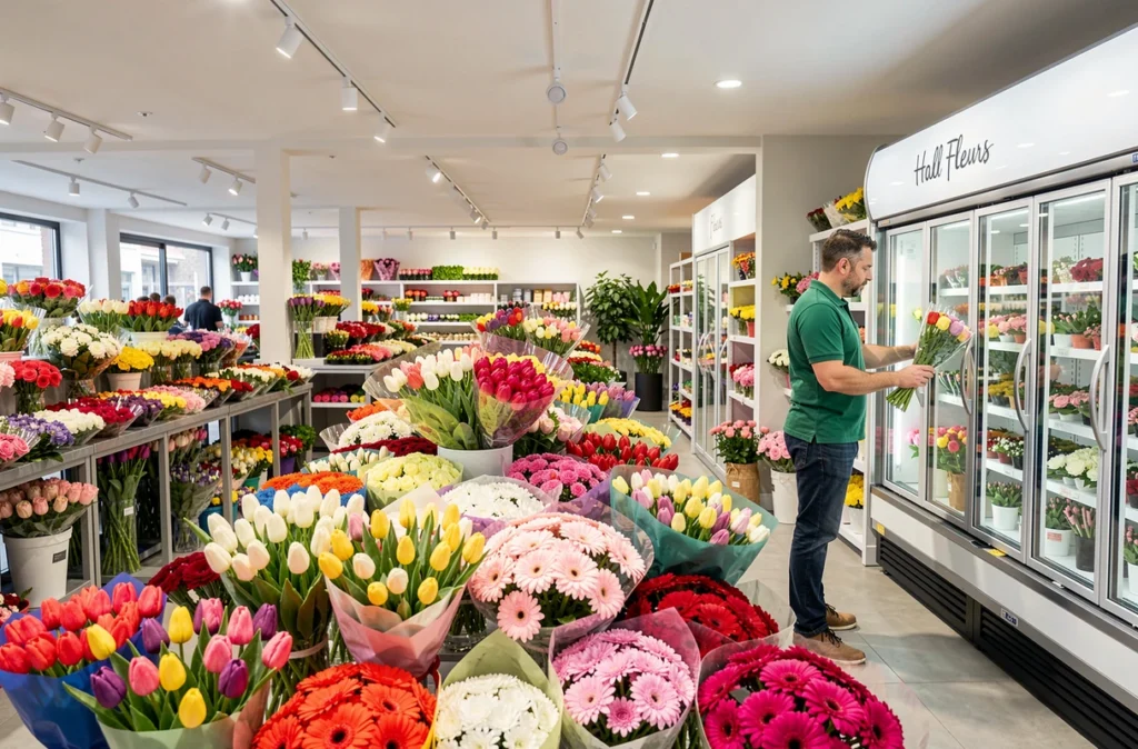 Intérieur spacieux du Hall Fleurs avec des tables garnies de bouquets colorés et un fleuriste rangeant des fleurs fraîches