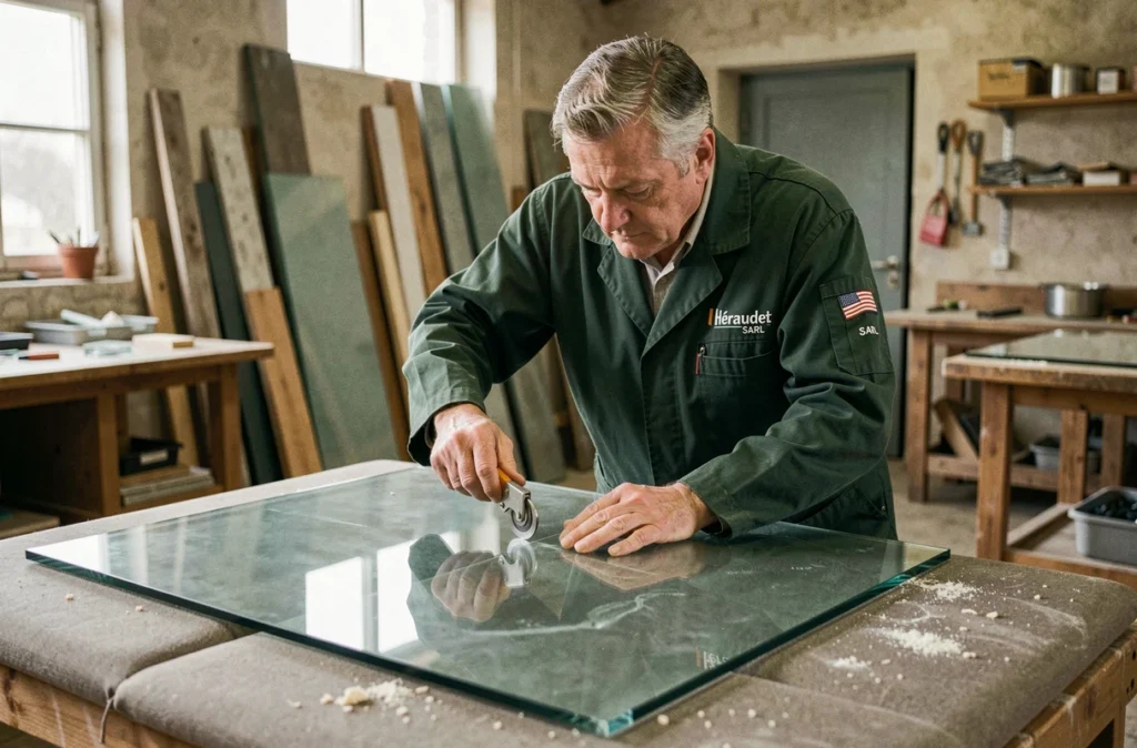 Vitrier Héraudet SARL découpant une vitre à l'aide d'un coupe-verre dans son atelier