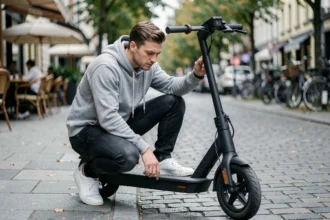 Homme accroupi examinant les commandes de sa trottinette électrique noire sur un trottoir urbain en automne