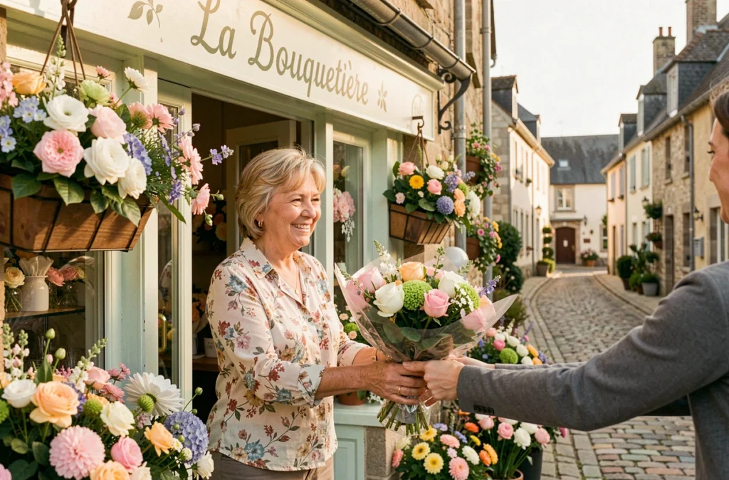 Fleuriste souriante de La Bouquetière remettant un bouquet fleuri à une cliente devant sa boutique de village normand
