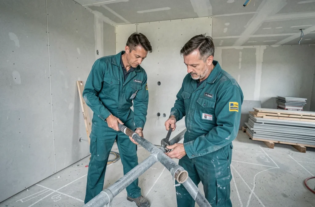 Deux plombiers de Le Carre-Le Gall collaborant sur une installation de canalisations dans une maison neuve des Côtes-d'Armor