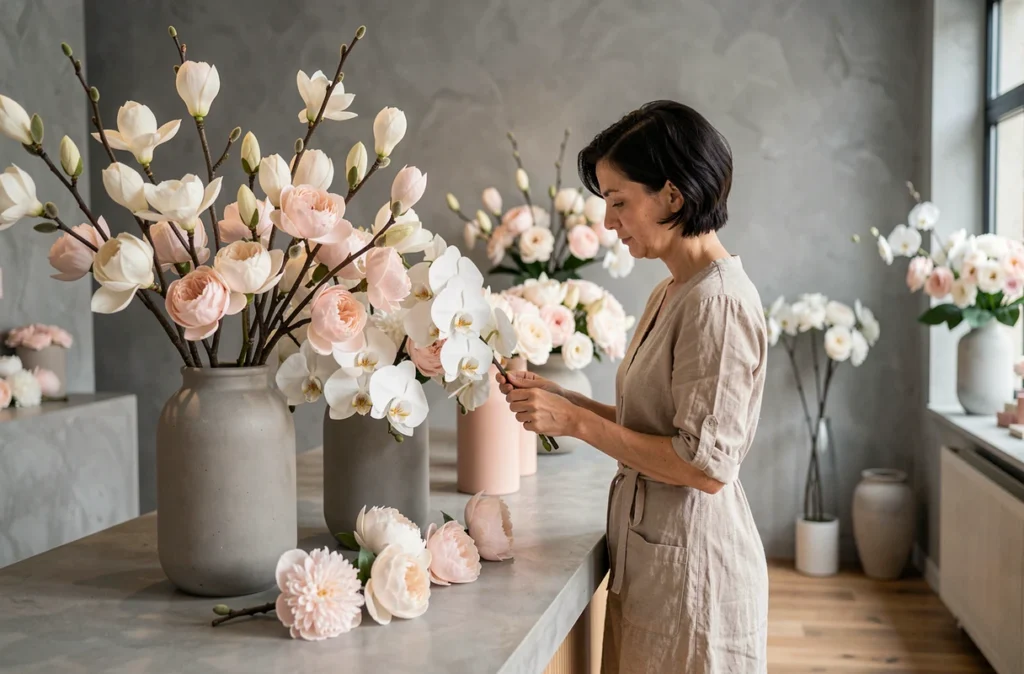 Boutique minimaliste et chic du Magnolia avec des orchidées blanches, des pivoines blush et des branches de magnolia dans des vases en céramique