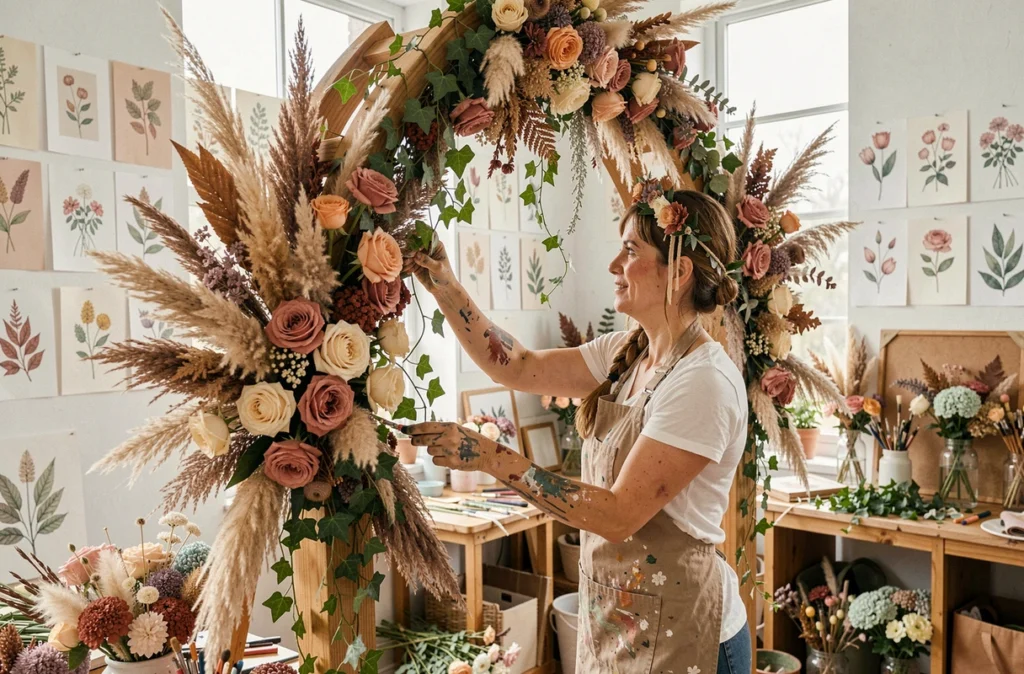 Linda Artiste Florale travaillant sur une grande installation florale bohème avec roses séchées, lierre et feuillage dans son atelier artistique