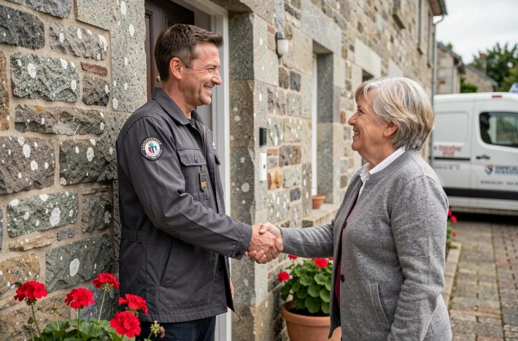 Plombier référencé Marcelle Benoît accueilli par une propriétaire devant une maison en pierre bretonne dans les Côtes-d'Armor