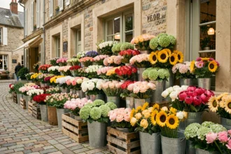 Marché aux fleurs pittoresque en Seine-Maritime avec une large sélection de fleurs fraîches colorées dans des seaux en zinc sur pavés normands