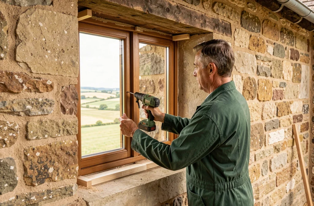 Menuisier-vitrier de Menuiserie Service installant une fenêtre en bois dans une ferme en pierre