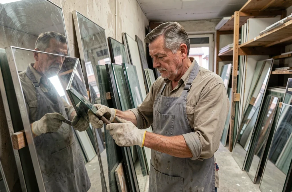 Artisan de la Miroiterie De L'Orléanais inspectant un miroir biseauté dans son atelier