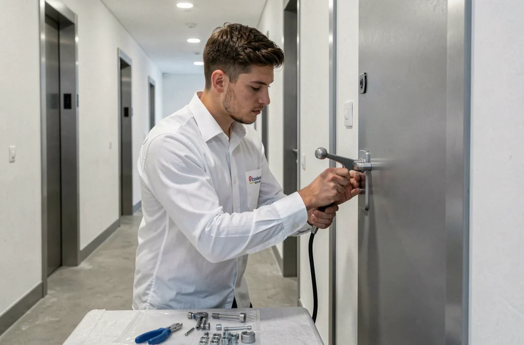 Serrurier Obat installant un verrou haute sécurité sur une porte blindée dans un couloir d'immeuble moderne
