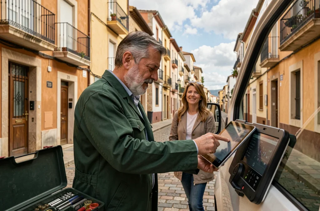 Serrurier Ou Pyrénées-Orientales consultant une tablette avec un client dans une rue catalane de Perpignan