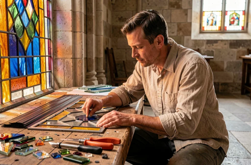 Spécialiste de Perche Restauration travaillant sur un vitrail ancien dans une église