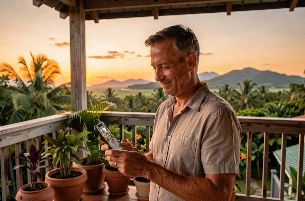Père guadeloupéen sur sa terrasse au crépuscule tenant un smartphone pour appeler ses enfants endormis en France métropolitaine