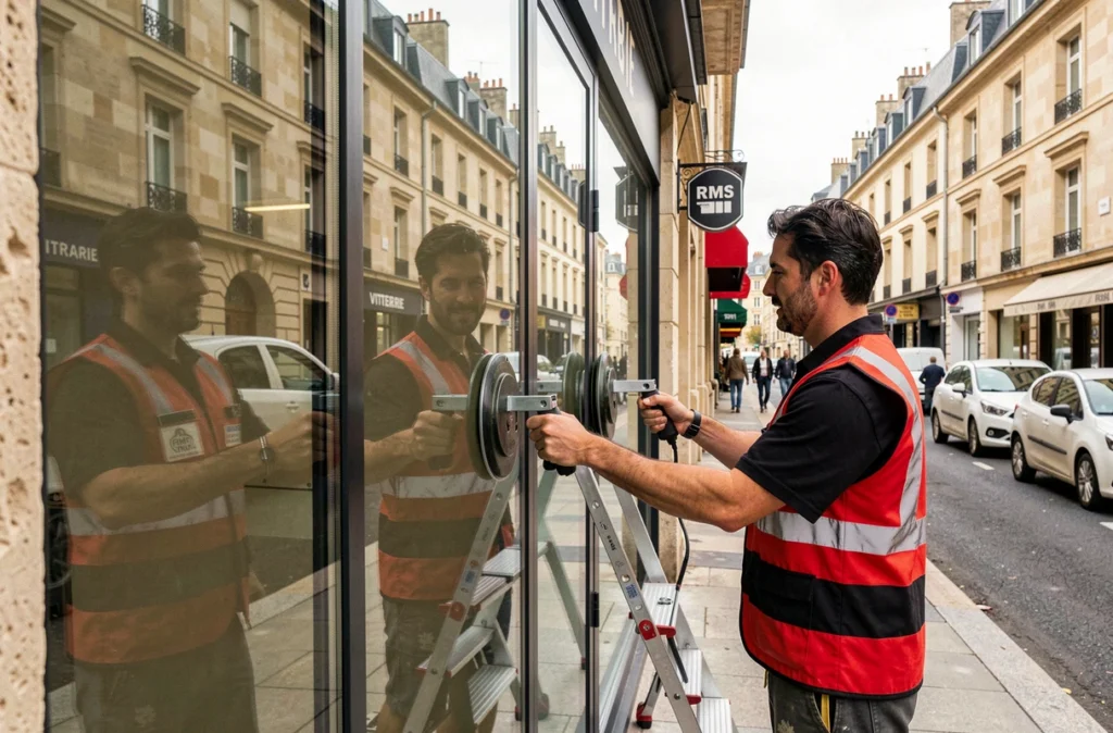 Deux techniciens RMS Vitrerie posant une vitrine commerciale en centre-ville