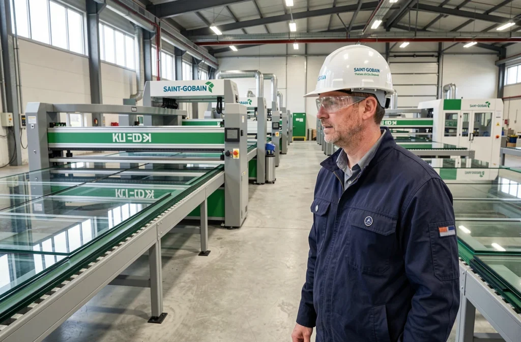 Technicien Saint-Gobain Vitrage supervisant la production de verre industriel à Tours