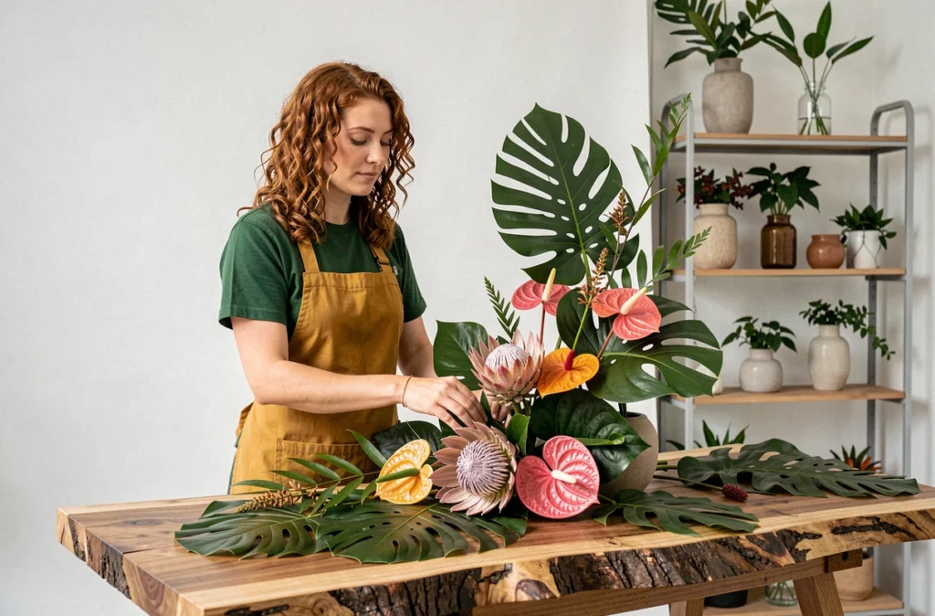 Jeune fleuriste créative de Sandy Fleurs Création composant un arrangement floral artistique avec des fleurs tropicales dans un studio moderne