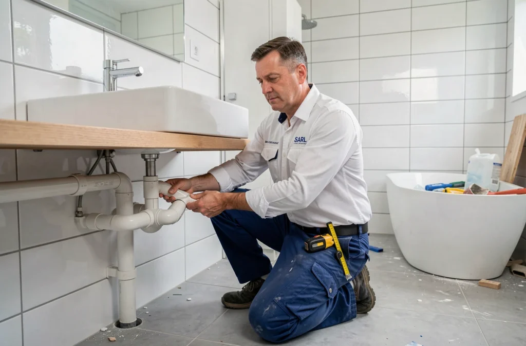 Plombier de SARL Bruno Angely installant des tuyaux PVC dans une salle de bain en cours de rénovation dans les Côtes-d'Armor