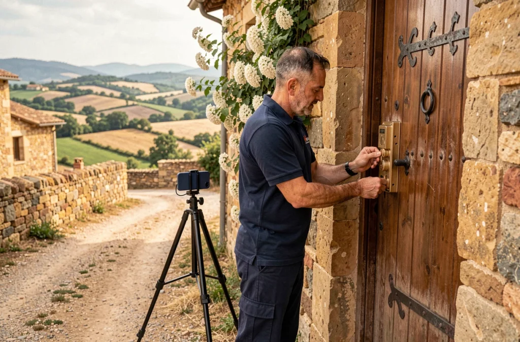 Serrurier de serrurier-près-de-chez-moi.fr installant une serrure sur une maison en pierre catalane dans les Pyrénées-Orientales