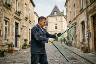 Vitrier professionnel portant une grande vitre dans une rue du Centre-Val de Loire