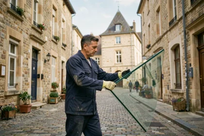 Vitrier professionnel portant une grande vitre dans une rue du Centre-Val de Loire