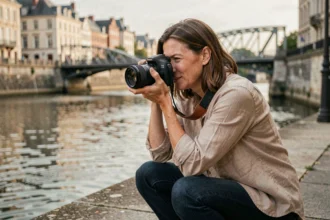 Photographe professionnelle en extérieur sur les quais de la Loire à Nantes, capturant une scène urbaine avec un appareil photo reflex plein format