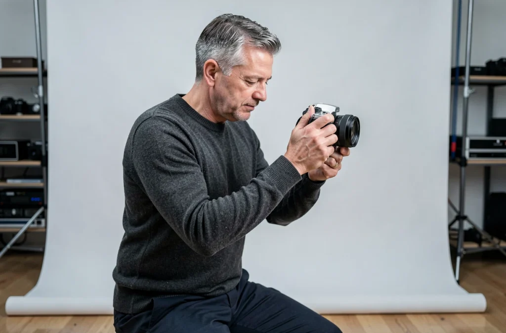 Photographe masculin professionnel en studio en Loire-Atlantique examinant ses clichés sur un appareil photo reflex dans un environnement de travail moderne